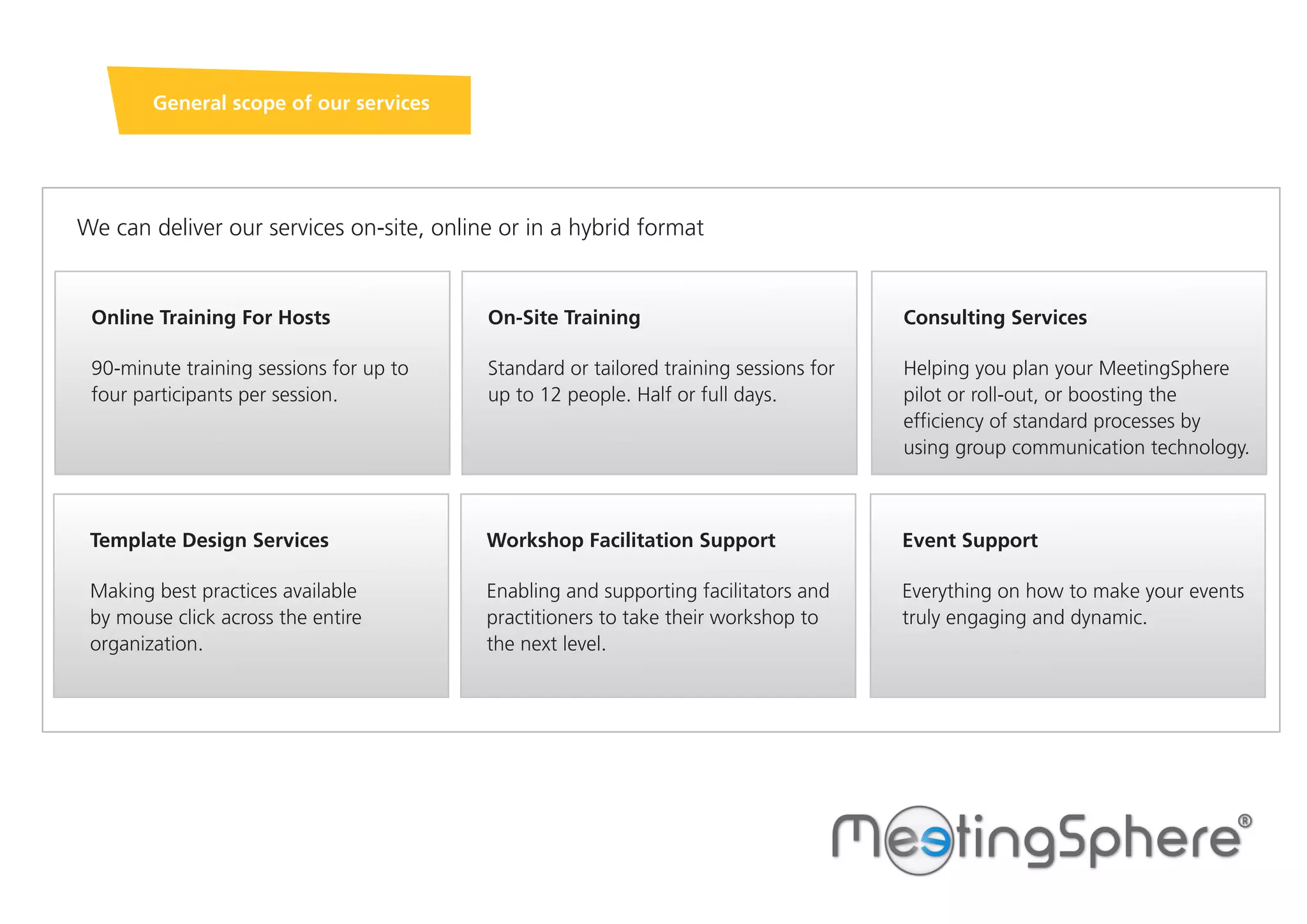 General scope of our services
Online Training For Hosts
90-minute training sessions for up to
four participants per session.
Template Design Services
Making best practices available
by mouse click across the entire
organization.
On-Site Training
Standard or tailored training sessions for
up to 12 people. Half or full days.
Workshop Facilitation Support
Enabling and supporting facilitators and
practitioners to take their workshop to
the next level.
Consulting Services
Helping you plan your MeetingSphere
pilot or roll-out, or boosting the
efficiency of standard processes by
using group communication technology.
Event Support
Everything on how to make your events
truly engaging and dynamic.
We can deliver our services on-site, online or in a hybrid format
 