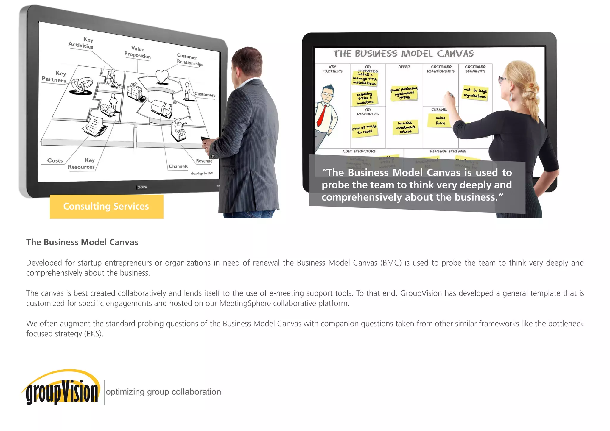 The Business Model Canvas
Developed for startup entrepreneurs or organizations in need of renewal the Business Model Canvas (BMC) is used to probe the team to think very deeply and
comprehensively about the business.
The canvas is best created collaboratively and lends itself to the use of e-meeting support tools. To that end, GroupVision has developed a general template that is
customized for specific engagements and hosted on our MeetingSphere collaborative platform.
We often augment the standard probing questions of the Business Model Canvas with companion questions taken from other similar frameworks like the bottleneck
focused strategy (EKS).
Consulting Services
“The Business Model Canvas is used to
probe the team to think very deeply and
comprehensively about the business.”
 