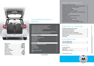 Guida e Sicurezza
                                                                                                                           Segnale acustico spegnimento fari                                   •
                                                                                                                           Accensione automatica luci emergenza su forte decelerazione         •
                                                                                                                           Impossibilità di avviamento a marcia inserita                       •
                                                                                                                           Antifurto con bloccasterzo                                          •
                                                                                                                           Cinture di sicurezza avvolgibili                                    •
                                                                                                                           Riscaldamento-sbrinamento a 3 velocità                              •
                                                                                                                           Tergicristallo anteriore a 3 velocità (di cui 1 ad intermittenza)   •
                                                                                                                           Luci retromarcia (2)                                                •
                                                                                                                           Retronebbia (2)                                                     •
                                                                                                                           Tergicristallo con lavaggio automatico dei vetri                    •
                                                                                                                           Parabrezza laminato                                                 •
                                                                                                                           Paraurti anteriori e posteriori rinforzati                          •
                                    S t r u m e n ta z i o n e d i                                                         Fari anteriori più luminosi                                         •
                                                                                                                           Retrovisori interno a 2 posizioni giorno/notte                      •
                                    bordo                                                                                  Retrovisori esterni destro e sinistro regolabili dall’interno       •


                                    Indicazione del rapporto di velocità inserito A-N-R                                •




                                                                                                                                                                                                            / Documento non contrattuale. Alcuni dettagli sui veicoli possono essere diversi dai modelli venduti e dalle fotografie presentate. Si
                                    Lancette quadro strumenti retro illuminate                                         •   confort e finiture
                                    Contachilometri digitale con totalizzatore parziale                                •   Bocchette aerazione circolari su plancia                            •
                                    Quadro strumenti color bianco                                                      •   Insonorizzazione abitacolo step 1                                   •
                                    Indicatore di manutenzione                                                         •
                                                                                                                           Aletta parasole lato conducente                                     •
                                    Indicatore livello carburante di tipo grafico a barre con spia di livello minimo   •
                                                                                                                           Plancia iniettata (tecnologia automobilistica)                      •
                                    Regolazione della luminosità del quadro strumenti                                  •
                                                                                                                           Maniglie esterne apertura porte di tipo automobilistico             •
                                    Spie luminose d’allarme :                                                              Selleria in tessuto                                                 •




                                                                                                                                                                                                   declina ogni responsabilità in caso di errori e/o omissioni su questo documento. 07/2011
                                    Carica batteria                                                                    •   Vetri colorati                                                      •
                                    Livello liquido freni/freno a mano                                                 •
                                    Usura pastiglie freni                                                              •
                                    Pressione olio                                                                     •   SiStemazioni
                                    Temperatura acqua                                                                  •   Vano porta oggetti plancia                                          •
                                    Spie luminose :                                                                        Vano porta oggetti portiere                                         •
Motorizzazione             Diesel
                                    Indicatore di direzione destro e sinistro                                          •
Cilindrata               400 cm3
Lunghezza               2 724 cm
                                    Retronebbia                                                                        •   ruote
                                    Luci di posizione                                                                  •
Larghezza               1 500 cm    Luci di emergenza                                                                  •   Kit riparazione ruote                                               •
Numero di posti                2    Fari                                                                               •   Coppe ruote                                                         •
Volume del bagagliaio       700 l   Preriscaldo (motore diesel)                                                        •   Ruote in acciaio : 145/70R13                                        •
Peso a vuoto              350 kg    Folle                                                                              •
Velocità massima         45 km/h                                                                                           • Equipaggiamento di serie
Consumi per 100 km         2,96 l                                 Timbro distributore
 