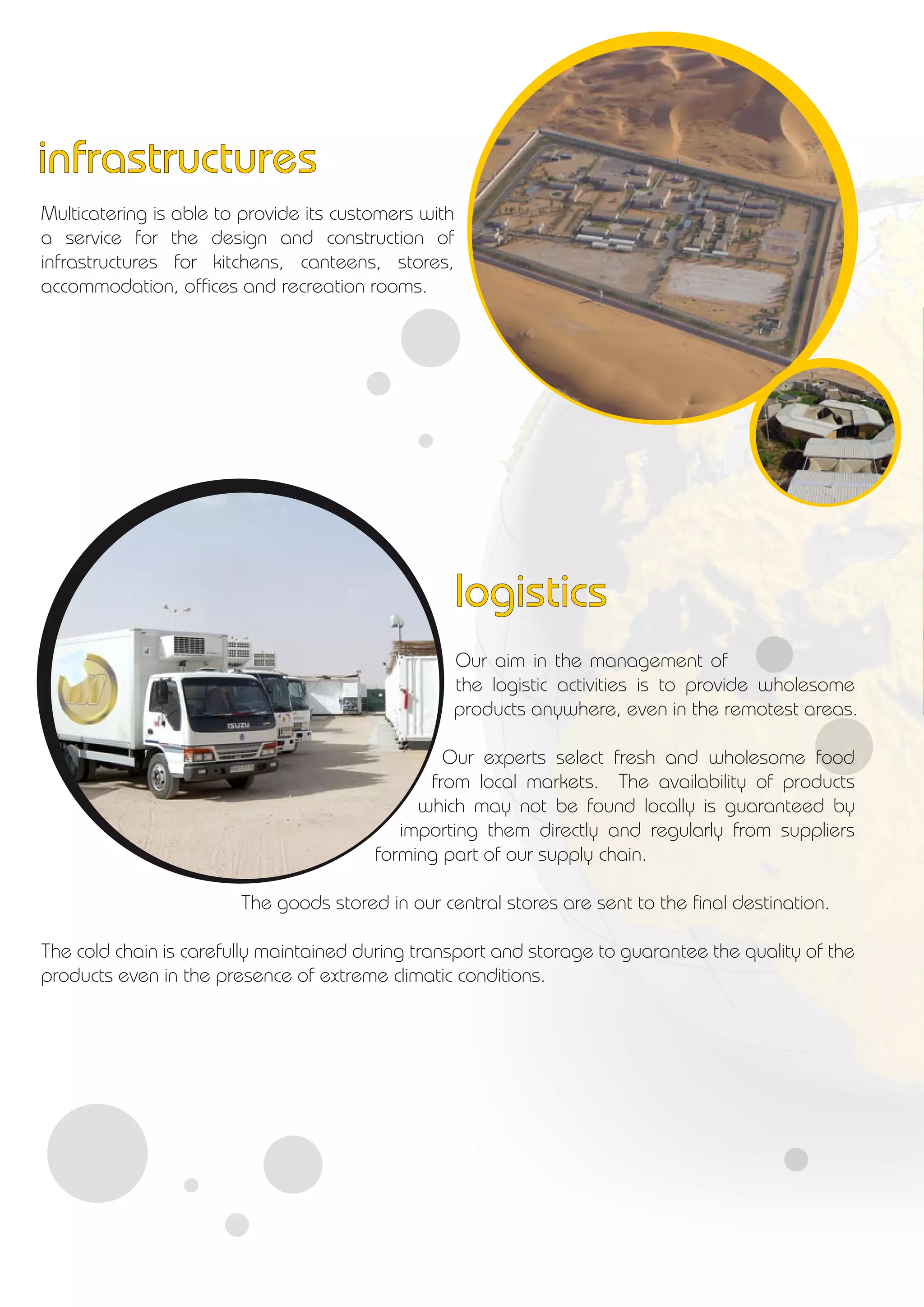 Our aim in the management of
the logistic activities is to provide wholesome
products anywhere, even in the remotest areas.
Our experts select fresh and wholesome food
from local markets. The availability of products
which may not be found locally is guaranteed by
importing them directly and regularly from suppliers
forming part of our supply chain.
The goods stored in our central stores are sent to the final destination.
The cold chain is carefully maintained during transport and storage to guarantee the quality of the
products even in the presence of extreme climatic conditions.
Multicatering is able to provide its customers with
a service for the design and construction of
infrastructures for kitchens, canteens, stores,
accommodation, offices and recreation rooms.
infrastructures
logistics
 