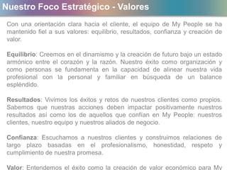 Nuestro Foco Estratégico - Valores
Con una orientación clara hacia el cliente, el equipo de My People se ha
mantenido fiel a sus valores: equilibrio, resultados, confianza y creación de
valor.
Equilibrio: Creemos en el dinamismo y la creación de futuro bajo un estado
armónico entre el corazón y la razón. Nuestro éxito como organización y
como personas se fundamenta en la capacidad de alinear nuestra vida
profesional con la personal y familiar en búsqueda de un balance
espléndido.
Resultados: Vivimos los éxitos y retos de nuestros clientes como propios.
Sabemos que nuestras acciones deben impactar positivamente nuestros
resultados así como los de aquellos que confían en My People: nuestros
clientes, nuestro equipo y nuestros aliados de negocio.
Confianza: Escuchamos a nuestros clientes y construimos relaciones de
largo plazo basadas en el profesionalismo, honestidad, respeto y
cumplimiento de nuestra promesa.
Valor: Entendemos el éxito como la creación de valor económico para My
 