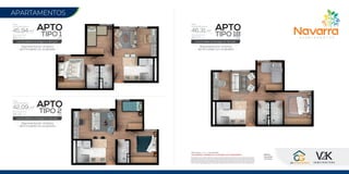 39,73 m2
45,94 m2
Área
construida aprox:
Área privada aprox:
APTO
TIPO 1
Representación artística
del inmueble con acabados
Los inmuebles se entregan en obra gris
VIS
APTO
TIPO 1B
Representación artística
del inmueble con acabados
Los inmuebles se entregan en obra gris
VIS
APTO
TIPO 2
Representación artística
del inmueble con acabados
Los inmuebles se entregan en obra gris
VIS
*Los muebles y acabados no se entregan con el apartamento.
*Este muro es opcional.
*
*
*
*
*
*
*
*
*
*
*
*
*
*
*
El precio definitivo será el que determine el gobierno nacional sobre el incremento del Salario MinimoTopeVIS para el año en que se otorgue la escritura publica de
compraventa. Precio sujeto a variaciones sin previo aviso por condiciones del mercado. El precio no incluye gastos de escrituracion.Todas las imagenes perspectivas y
planosdeestefolletosonilustrativoseincluyenelementosyamoblamientosdecorativosqueNOestanincluidosenlaventa,puedenpresentarsevariacioneseneldiseño
y acabados. dichas areas ofertadas podran ser modificadas por eventos de fuerza mayor, ajustes por cordianacion tecnica o como consecuencia de modificacion de
licencia o en general, cualquier variable del proyecto. Las áreas privadas corresponden al área construida, sin incluir áreas de ductos o muros. Se entrega en obra gris.
36,25 m2
42,09 m2
Área
construida aprox:
Área privada aprox:
39,73 m2
46,31 m2
Área
construida aprox:
Área privada aprox:
Gerencia,
Comercializa
y Construye:
APARTAMENTOS
 