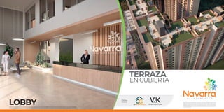 Gerencia,
Comercializa
y Construye:
LOBBY
ElpreciodefinitivoseráelquedetermineelgobiernonacionalsobreelincrementodelSalarioMinimoTopeVISparaelañoenqueseotorguelaescriturapublicadecompraventa.Preciosujetoavariacionessinprevioavisoporcondicionesdelmercado.Elprecionoincluyegastos
deescrituracion.TodaslasimagenesperspectivasyplanosdeestefolletosonilustrativoseincluyenelementosyamoblamientosdecorativosqueNOestanincluidosenlaventa,puedenpresentarsevariacioneseneldiseñoyacabados.dichasareasofertadaspodransermodificadas
por eventos de fuerza mayor, ajustes por cordianacion tecnica o como consecuencia de modificacion de licencia o en general, cualquier variable del proyecto. Las áreas privadas corresponden al área construida, sin incluir áreas de ductos o muros. Se entrega en obra gris.
TERRAZA
El precio definitivo será el que determine el gobierno nacional sobre el incremento del Salario MinimoTopeVIS para el año en que se
otorgue la escritura publica de compraventa. Precio sujeto a variaciones sin previo aviso por condiciones del mercado. El precio no
incluye gastos de escrituracion. Todas las imagenes perspectivas y planos de este folleto son ilustrativos e incluyen elementos y
amoblamientosdecorativosqueNOestanincluidosenlaventa,puedenpresentarsevariacioneseneldiseñoyacabados.dichasareas
ofertadaspodransermodificadasporeventosdefuerzamayor,ajustesporcordianaciontecnicaocomoconsecuenciademodificacion
delicenciaoengeneral,cualquiervariabledelproyecto.Lasáreasprivadascorrespondenaláreaconstruida,sinincluiráreasdeductos
omuros.Seentregaenobragris.
EN CUBIERTA
 