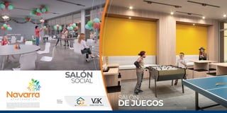 Gerencia,
Comercializa
y Construye:
El precio definitivo será el que determine el gobierno nacional sobre el incremento del Salario MinimoTopeVIS para el año en que se
otorgue la escritura publica de compraventa. Precio sujeto a variaciones sin previo aviso por condiciones del mercado. El precio no
incluye gastos de escrituracion. Todas las imagenes perspectivas y planos de este folleto son ilustrativos e incluyen elementos y
amoblamientosdecorativosqueNOestanincluidosenlaventa,puedenpresentarsevariacioneseneldiseñoyacabados.dichasareas
ofertadaspodransermodificadasporeventosdefuerzamayor,ajustesporcordianaciontecnicaocomoconsecuenciademodificacion
delicenciaoengeneral,cualquiervariabledelproyecto.Lasáreasprivadascorrespondenaláreaconstruida,sinincluiráreasdeductos
omuros.Seentregaenobragris.
SALÓN
SOCIAL
ElpreciodefinitivoseráelquedetermineelgobiernonacionalsobreelincrementodelSalarioMinimoTopeVISparaelañoenqueseotorguelaescriturapublicadecompraventa.Preciosujetoavariacionessinprevioavisoporcondicionesdelmercado.Elprecionoincluyegastos
deescrituracion.TodaslasimagenesperspectivasyplanosdeestefolletosonilustrativoseincluyenelementosyamoblamientosdecorativosqueNOestanincluidosenlaventa,puedenpresentarsevariacioneseneldiseñoyacabados.dichasareasofertadaspodransermodificadas
por eventos de fuerza mayor, ajustes por cordianacion tecnica o como consecuencia de modificacion de licencia o en general, cualquier variable del proyecto. Las áreas privadas corresponden al área construida, sin incluir áreas de ductos o muros. Se entrega en obra gris.
SALÓN
DE JUEGOS
 