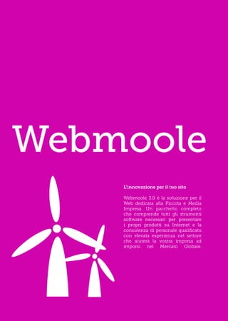 Webmoole
    L’innovazione per il tuo sito

    Webmoole 3.0 è la soluzione per il
    Web dedicata alla Piccola e Media
    Impresa. Un pacchetto completo
    che comprende tutti gli strumenti
    software necessari per presentare
    i propri prodotti su Internet e la
    consulenza di personale qualificato
    con elevata esperienza nel settore
    che aiuterà la vostra impresa ad
    imporsi nel Mercato Globale.
 