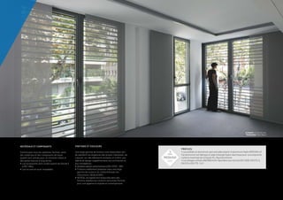 PROFILÉS
• Les profilés en aluminium sont extrudés à partir d’aluminium Hydro REDUXA 4.0.
Cet aluminium est fabriqué à l’aide d’énergie hydro-électrique pour une empreinte
carbone maximale de 4,0 kg de CO2
/kg d’aluminium.
• Les alliages utilisés 6060 Bâtiment répondent aux normes EN 12020, EN 573-3,
EN 515 et EN 775-1 à 9.
Architecte : Carlos Ferrater
Photographe : Alejo Bagué
MATÉRIAUX ET COMPOSANTS
Comme pour tous les systèmes Technal, seuls
des matériaux et des composants de haute
qualité sont utilisés pour un entretien réduit et
des performances à long terme.
•	Les accessoires sont coulés à partir de Zamak 5
à EN 12844.
•	Les vis sont en acier inoxydable.
FINITIONS ET COULEURS
Une large gamme de finitions sont disponibles afin
de satisfaire les exigences des projets individuels, de
s’ajouter sur des bâtiments existants et d’offrir une
liberté de design supplémentaire aux architectes et
aux concepteurs :
•	AnodisénaturelconformémentàEN123731:2001.
•	Finitions revêtement polyester dans une large
gamme de couleurs en conformité avec les
instructions «QUALICOAT».
•	NOTEAL est également disponible dans des
finitions laquées aux couleurs exclusives Technal
pour une apparence stylisée et contemporaine.
 