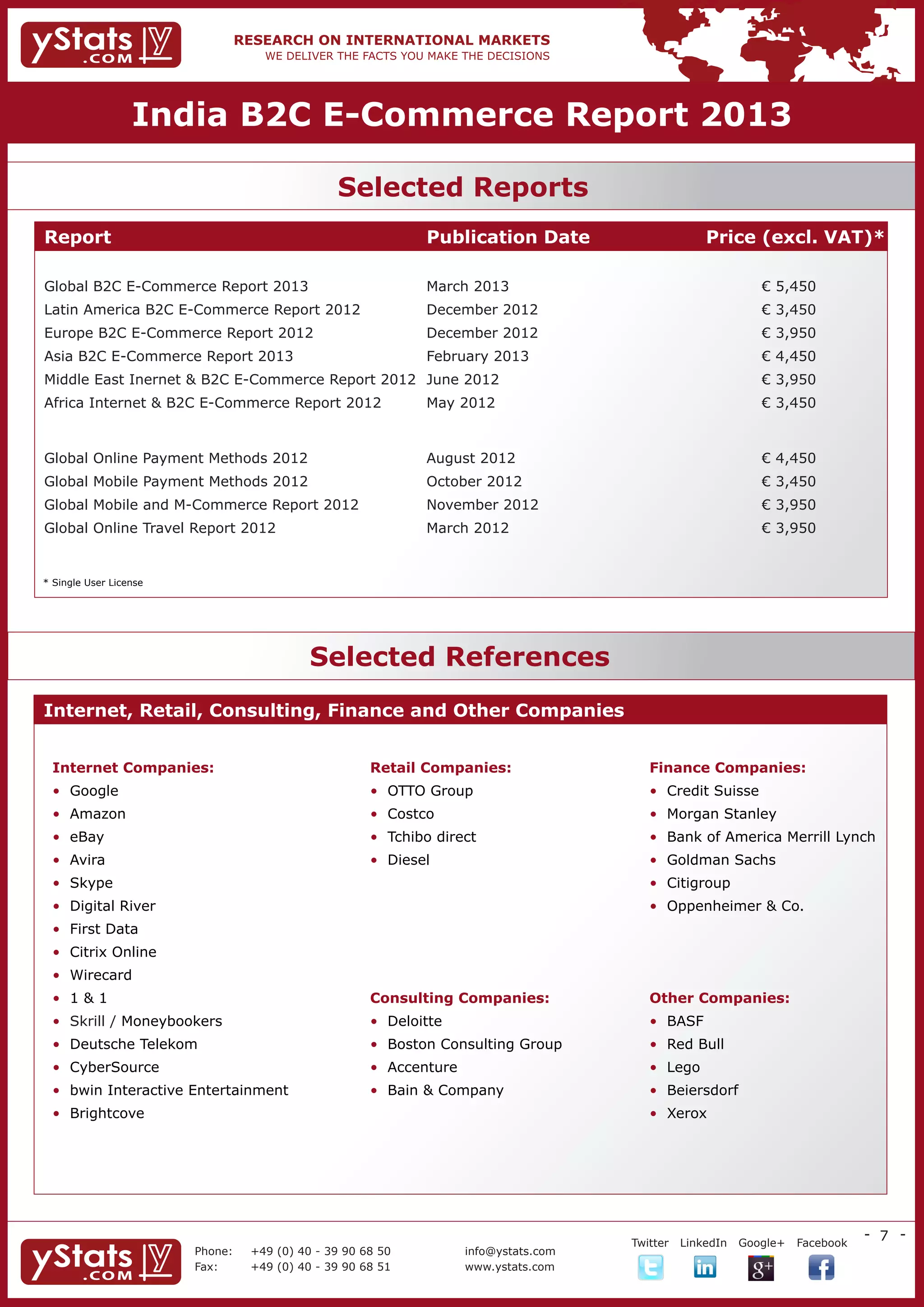 India B2C E-Commerce Report 2013

                                                  Selected Reports
 Report						                                                  Publication Date			                  Price (excl. VAT)*

 Global B2C E-Commerce Report 2013			                          March 2013					                                € 5,450		
 Latin America B2C E-Commerce Report 2012		                    December 2012				                              € 3,450			
 Europe B2C E-Commerce Report 2012			                          December 2012				                              € 3,950			
 Asia B2C E-Commerce Report 2013			                            February 2013					                             € 4,450		
 Middle East Inernet & B2C E-Commerce Report 2012	 June 2012					                                             € 3,950			
 Africa Internet & B2C E-Commerce Report 2012	                 May 2012					                                  € 3,450


 Global Online Payment Methods 2012			                         August 2012					                               € 4,450			
 Global Mobile Payment Methods 2012	 		                        October 2012					                              € 3,450			
 Global Mobile and M-Commerce Report 2012		                    November 2012				                              € 3,950		
 Global Online Travel Report 2012			                           March 2012					                                € 3,950
 	
 * Single User License




                                              Selected References
 Internet, Retail, Consulting, Finance and Other Companies


	 Internet Companies:			                                Retail Companies:			             Finance Companies:	
	 • Google					                                         • OTTO Group				                 • Credit Suisse
	 • Amazon					                                         • Costco				                     • Morgan Stanley
	 • eBay					                                           • Tchibo direct				              • Bank of America Merrill Lynch
	 • Avira					                                          • Diesel				                     • Goldman Sachs
	 • Skype					                                          	      				                      • Citigroup
	 • Digital River					                                         	     			                 • Oppenheimer & Co.
	 • First Data	
	 • Citrix Online					
	 • Wirecard					
	 • 1 & 1					                                          Consulting Companies:		          Other Companies:
	 • Skrill / Moneybookers			                            • Deloitte				                   • BASF
	 • Deutsche Telekom				                                • Boston Consulting Group		      • Red Bull
	 • CyberSource				                                     • Accenture				                  • Lego				
	 • bwin Interactive Entertainment		                    • Bain & Company			              • Beiersdorf		
	 • Brightcove										                                                                 • Xerox			
	 		                     			




                                                                                                                                - 7 -
                                                                             	        Twitter   LinkedIn   Google+   Facebook
                          Phone:	   +49 (0) 40 - 39 90 68 50       info@ystats.com
                          Fax:	     +49 (0) 40 - 39 90 68 51       www.ystats.com
 