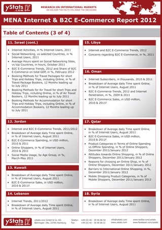 MENA Internet & B2C E-Commerce Report 2012

Table of Contents (3 of 4)
 11. Israel (cont.)                                                 15. Libya

 • 	 Internet Activities, in % Internet Users, 2011                 • 	 Internet and B2C E-Commerce Trends, 2012
 • 	 Social Networking, vs selected Countries, in % 		              • 	 Concerns regarding B2C E-Commerce, in %, 2011
 	 Internet Users, 2011
 • 	 Average Hours spent on Social Networking Sites, 	
 	 vs top Countries, in hours, October 2011
 • 	 B2C E-Commerce Trends, 2012 and Share of B2C 	
 	 E-Commerce on total GDP, in %, February 2012                     16. Oman
 • 	 Booking Methods for Travel Packages for short 		
 	 Trips and Holiday Trips, including Online, in % of 	             • 	 Internet Subscribers, in thousands, 2010 & 2011
 	 Travel Package Bookers, 12 Months leading up		                   • 	 Breakdown of Average daily Time spent Online, 		
 	 to July 2011
                                                                    	 in % of Internet Users, August 2011
 • 	 Booking Methods for Air Travel for short Trips and 	
                                                                    • 	 B2C E-Commerce Trends, 2012 and Internet 		
 	 Holiday Trips, including Online, in % of Air Travel 	
                                                                    	 Penetration, in %, 2009 & 2011
 	 Bookers, 12 Months leading up to July 2011
 • 	 Booking Methods for Accommodation for short 		                 • 	 B2C E-Commerce Sales, in USD million, 			
 	 Trips and Holiday Trips, including Online, in % of 	             	 2010 & 2011f
 	 Accommodation Bookers, 12 Months leading up		
 	 to July 2011



 12. Jordan                                                         17. Qatar

 • 	 Internet and B2C E-Commerce Trends, 2011/2012                  • 	 Breakdown of Average daily Time spent Online, 		
 • 	 Breakdown of Average daily Time spent Online, 		               	 in % of Internet Users, August 2011
 	 in % of Internet Users, August 2011                              • 	 B2C E-Commerce Sales, in USD million, 			
 • 	 B2C E-Commerce Spending, in USD million, 		                    	 2010 & 2011f
 	 2010 & 2011                                                      • 	 Product Categories in Terms of Online Spending 	
 • 	 Online Shoppers, in % of Internet Users, 		                    	 vs Offline Spending, in % of Online Shoppers, 		
 	 2010 & 2011                                                      	 December 2011/January 2012
 • 	 Social Media Usage, by Age Group, in %, 		                     • 	 Attitudes towards Online Shopping, in % of Online 	
 	 March-May 2011                                                   	 Shoppers, December 2011/January 2012
                                                                    • 	 Reasons for choosing an Online Shop, in % of 		
                                                                    	 Online Shoppers, December 2011/January 2012
 13. Kuwait                                                         • 	 Barriers to International Online Shopping, in %, 	
                                                                    	 December 2011/January 2012
 • 	 Breakdown of Average daily Time spent Online, 		               • 	 Mobile Shopping Product Categories, in % of 		
 	 in % of Internet Users, August 2011                              	 Mobile Shoppers, December 2011/January 2012
 • 	 B2C E-Commerce Sales, in USD million, 			
 	 2010 & 2011f


 14. Lebanon                                                        18. Syria

 • 	 Internet Trends, 2011/2012                                     • 	 Breakdown of Average daily Time spent Online, 		
 • 	 Breakdown of Average daily Time spent Online, 		               	 in % of Internet Users, August 2011
 	 in % of Internet Users, August 2011



                      yStats.com GmbH & Co. KG         Telefon:	 +49 (0) 40 - 39 90 68 50   info@ystats.com   www.twitter.com/ystats
                      Behringstr. 28a, 22765 Hamburg   Fax:	     +49 (0) 40 - 39 90 68 51   www.ystats.com    www.facebook.com/ystats
 