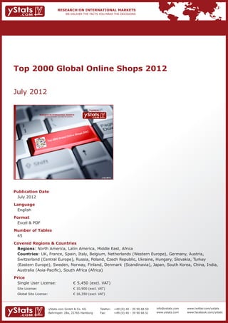 Top 2000 Global Online Shops 2012


July 2012

                                                                           Provided by

             RESEARCH ON INTERNATIONAL MARKETS
                 We deliver the facts – you make the decisions




                                                                                          July 2012




Publication Date	
	 July 2012
Language	
	 English
Format	
	 Excel & PDF
Number of Tables 	                                               	
	 45
Covered Regions & Countries 	 	
	 Regions: North America, Latin America, Middle East, Africa							
	 Countries: UK, France, Spain, Italy, Belgium, Netherlands (Western Europe), Germany, Austria, 		
	 Switzerland (Central Europe), Russia, Poland, Czech Republic, Ukraine, Hungary, Slovakia, Turkey		
	 (Eastern Europe), Sweden, Norway, Finland, Denmark	 (Scandinavia), Japan, South Korea, China, India, 	
	 Australia (Asia-Pacific), South Africa (Africa)
Price	
	 Single User License: 	                                         € 5,450 (excl. VAT)
	 Site License: 	                                                € 10,900 (excl. VAT)
	 Global Site License: 	                                         € 16,350 (excl. VAT)



                       yStats.com GmbH & Co. KG                                          Telefon:	 +49 (0) 40 - 39 90 68 50   info@ystats.com   www.twitter.com/ystats
                       Behringstr. 28a, 22765 Hamburg                                    Fax:	     +49 (0) 40 - 39 90 68 51   www.ystats.com    www.facebook.com/ystats
 