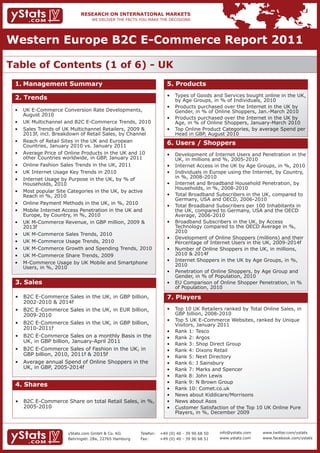 Western Europe B2C E-Commerce Report 2011

Table of Contents (1 of 6) - UK
 1. Management Summary                                                5. Products
                                                                      •	   Types	of	Goods	and	Services	bought	online	in	the	UK,		
 2. Trends                                                            	    by	Age	Groups,	in	%	of	Individuals,	2010
                                                                      •	   Products	purchased	over	the	Internet	in	the	UK	by		
 •	 UK	E-Commerce	Conversion	Rate	Developments,					                  	    Gender,	in	%	of	Online	Shoppers,	Jan.-March	2010
    August 2010
                                                                      •	   Products	purchased	over	the	Internet	in	the	UK	by		
 •	 UK	Multichannel	and	B2C	E-Commerce	Trends,	2010                   	    Age,	in	%	of	Online	Shoppers,	January-March	2010
 •	 Sales	Trends	of	UK	Multichannel	Retailers,	2009	&			              •	   Top	Online	Product	Categories,	by	average	Spend	per		
    2013f, incl. Breakdown of Retail Sales, by Channel                     Head in GBP, August 2010
 •	 Reach	of	Retail	Sites	in	the	UK	and	European							 	             6. Users / Shoppers
 	 Countries,	January	2010	vs.	January	2011
 •	 Average	Price	of	Online	Products	in	the	UK	and	10		 	             •	   Development	of	Internet	Users	and	Penetration	in	the		
    other Countries worldwide, in GBP, January 2011                   	    UK,	in	millions	and	%,	2005-2010
 •	 Online	Fashion	Sales	Trends	in	the	UK,	2011                       •	   Internet	Access	in	the	UK	by	Age	Groups,	in	%,	2010
 •	 UK	Internet	Usage	Key	Trends	in	2010                              •	   Individuals	in	Europe	using	the	Internet,	by	Country,		
 •	 Internet	Usage	by	Purpose	in	the	UK,	by	%	of		      	             	    in	%,	2008-2010
    Households, 2010                                                  •	   Internet	and	Broadband	Household	Penetration,	by		
                                                                      	    Households,	in	%,	2008-2010
 •	 Most	popular	Site	Categories	in	the	UK,	by	active					
 	 Reach	in	%,	2010                                                   •	   Total	Broadband	Subscribers	in	the	UK,	compared	to		
                                                                      	    Germany,	USA	and	OECD,	2006-2010
 •	 Online	Payment	Methods	in	the	UK,	in	%,	2010	
                                                                      •	   Total	Broadband	Subscribers	per	100	Inhabitants	in		
 •	 Mobile	Internet	Access	Penetration	in	the	UK	and					             	    the	UK,	compared	to	Germany,	USA	and	the	OECD		
 	 Europe,	by	Country,	in	%,	2010                                     	    Average,	2006-2010
 •	 UK	M-Commerce	Revenue,	in	GBP	million,	2009	&			                  •	   Broadband	Subscribers	in	the	UK,	by	Access									 	
    2013f                                                             	    Technology	compared	to	the	OECD	Average	in	%,			
                                                                           2010
 •	 UK	M-Commerce	Sales	Trends,	2010
                                                                      •	   Development	of	Online	Shoppers	(millions)	and	their		
 •	 UK	M-Commerce	Usage	Trends,	2010                                       Percentage of Internet Users in the UK, 2009-2014f
 •	 UK	M-Commerce	Growth	and	Spending	Trends,	2010                    •	   Number	of	Online	Shoppers	in	the	UK,	in	millions,			
 •	 UK	M-Commerce	Share	Trends,	2009                                       2010 & 2014f
                                                                      •	   Internet	Shoppers	in	the	UK	by	Age	Groups,	in	%,		  	
 •	 M-Commerce	Usage	by	UK	Mobile	and	Smartphone		                         2010
 	 Users,	in	%,	2010
                                                                      •	   Penetration	of	Online	Shoppers,	by	Age	Group	and		
                                                                      	    Gender,	in	%	of	Population,	2010
 3. Sales                                                             •	   EU	Comparison	of	Online	Shopper	Penetration,	in	%		
                                                                           of Population, 2010
 •	 B2C	E-Commerce	Sales	in	the	UK,	in	GBP	billion,		                 7. Players
    2002-2010 & 2014f
 •	 B2C	E-Commerce	Sales	in	the	UK,	in	EUR	billion,		                 •	 Top	10	UK	Retailers	ranked	by	Total	Online	Sales,	in		
    2009-2010                                                            GBP billion, 2008-2010
                                                                      •	 Top	5	UK	E-Commerce	Websites,	ranked	by	Unique		
 •	 B2C	E-Commerce	Sales	in	the	UK,	in	GBP	billion,		                    Visitors, January 2011
    2010-2011f
                                                                      •	 Rank	1:	Tesco
 •	 B2C	E-Commerce	Sales	on	a	monthly	Basis	in	the		                  •	 Rank	2:	Argos
    UK, in GBP billion, January-April 2011
                                                                      •	 Rank	3:	Shop	Direct	Group
 •	 B2C	E-Commerce	Sales	of	Fashion	in	the	UK,	in		
                                                  	                   •	 Rank	4:	Dixons	Retail
    GBP billion, 2010, 2011f & 2015f                                  •	 Rank	5:	Next	Directory
 •	 Average	annual	Spend	of	Online	Shoppers	in	the		                  •	 Rank	6:	J	Sainsbury
    UK, in GBP, 2005-2014f                                            •	 Rank	7:	Marks	and	Spencer
                                                                      •	 Rank	8:	John	Lewis	
                                                                      •	 Rank	9:	N	Brown	Group
 4. Shares
                                                                      •	 Rank	10:	Comet.co.uk
                                                                      •	 News	about	Kiddicare/Morrisons
 •	 B2C	E-Commerce	Share	on	total	Retail	Sales,	in	%,		               •	 News	about	Asos
    2005-2010                                                         •	 Customer	Satisfaction	of	the	Top	10	UK	Online	Pure		
                                                                      	 Players,	in	%,	December	2009



                       yStats.com GmbH & Co. KG         Telefon:   +49 (0) 40 - 39 90 68 50   info@ystats.com   www.twitter.com/ystats
                       Behringstr. 28a, 22765 Hamburg   Fax:       +49 (0) 40 - 39 90 68 51   www.ystats.com    www.facebook.com/ystats
 