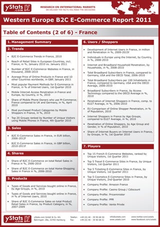 Western Europe B2C E-Commerce Report 2011

Table of Contents (2 of 6) - France
 1. Management Summary                                                6. Users / Shoppers

 2. Trends                                                            •	 Development	of	Internet	Users	in	France,	in	million		
                                                                      	 and	Penetration	in	%,	2009-2015f
 •	 B2C	E-Commerce	Trends	in	France,	2010                             •	 Individuals	in	Europe	using	the	Internet,	by	Country,		
                                                                      	 in	%,	2008-2010
 •	 Reach	of	Retail	Sites	in	European	Countries,	incl.		 	
 	 France,	in	%,	January	2010	vs.	January	2011                        •	 Internet	and	Broadband	Household	Penetration,	by		
                                                                      	 Households,	in	%,	2008-2010
 •	 Number	of	B2C	E-Commerce	Websites	in	France,	in		
    thousand, 2006-2010                                               •	 Total	Broadband	Subscribers	in	France,	compared	to		
                                                                      	 Germany,	USA	and	the	OECD	Total,	2006-2010
 •	 Average	Price	of	Online	Products	in	France	and	10			
    other Countries worldwide, in GBP, January 2011                   •	 Total	Broadband	Subscribers	per	100	Inhabitants	in		
                                                                      	 France,	compared	to	Germany,	USA	and	the	OECD		
 •	 Most	popular	Payment	Methods	for	E-Commerce	in		                  	 Average,	2006-2010
 	 France,	in	%	of	Internet	Users,	1st	Quarter	2010	
                                                                      •	 Broadband	Subscribers	in	France,	by	Access											
 •	 Mobile	Internet	Access	Penetration	in	France	and					             	 Technology	compared	to	the	OECD	Average	in	%,			
 	 Europe,	by	Country,	in	%,	2010                                        2010
 •	 Share	of	Mobile	Phone	Owners	who	use	M-Commerce;		                •	 Penetration	of	Internet	Shoppers	in	France,	comp.	to		
 	 France	compared	to	UK	and	Germany,	in	%,	April		 	                 	 EU27	Average,	in	%,	2006-2010
    2010
                                                                      •	 EU	Comparison	of	Online	Shopper	Penetration,	in	%		
 •	 Most	purchased	Product	Categories	by	Mobile						 	                  of Population, 2010
 	 Shoppers	in	France,	in	%,	2010
                                                                      •	 Internet	Shoppers	in	France	by	Age	Groups,												
 •	 Top	20	Groups	ranked	by	Number	of	Unique	Visitors		               	 compared	to	EU27	Average,	in	%,	2010
 	 using	Mobile	Phones	in	France,	4th	Quarter	2010
                                                                      •	 Penetration	of	Online	Shoppers,	by	Age	Group	and		
                                                                      	 Gender,	in	%	of	Population,	2010
 3. Sales
                                                                      •	 Share	of	Internet	Buyers	on	Internet	Users	in	France,		
                                                                      	 by	Groups,	in	%,	1st	Quarter	2010	
 •	 B2C	E-Commerce	Sales	in	France,	in	EUR	billion,		 	
    2006-2012f

 •	 B2C	E-Commerce	Sales	in	France,	in	GBP	billion,		 	
    2010-2011f                                                        7. Players

 4. Shares                                                            •	 Top	15	French	E-Commerce	Websites,	ranked	by		 	
                                                                      	 Unique	Visitors,	1st	Quarter	2011
 •	 Share	of	B2C	E-Commerce	on	total	Retail	Sales	in			               •	 Top	5	Travel	E-Commerce	Sites	in	France,	by	Unique		
 	 France	in	%,	2006-2010                                             	 Visitors,	1st	Quarter	2011
 •	 Share	of	B2C	E-Commerce	on	total	Home-Shopping		                  •	 Top	5	Ticketing	E-Commerce	Sites	in	France,	by		 	
 	 Sales	in	France	in	%,	2006-2010                                    	 Unique	Visitors,	1st	Quarter	2011

                                                                      •	 Top	5	Cosmetics	E-Commerce	Sites	in	France,	by		 	
 5. Products                                                          	 Unique	Visitors,	2nd	Quarter	2010

                                                                      •	 Company	Profile:	Amazon	France
 •	 Types	of	Goods	and	Services	bought	online	in	France,		
 	 by	Age	Groups,	in	%,	2010                                          •	 Company	Profile:	Casino	Group	/	Cdiscount
 •	 Types	of	Goods	and	Services	bought	online	in	France,		            •	 Company	Profile:	Priceminister
 	 in	%	of	Internet	Users,	2010
                                                                      •	 Company	Profile:	PPR
 •	 Share	of	B2C	E-Commerce	Sales	on	total	Product		 	
 	 Retail	Sales	in	France,	by	Product	Category,	in	%,			              •	 Company	Profile:	Vente	Privée
    2007-2009



                       yStats.com GmbH & Co. KG         Telefon:   +49 (0) 40 - 39 90 68 50   info@ystats.com   www.twitter.com/ystats
                       Behringstr. 28a, 22765 Hamburg   Fax:       +49 (0) 40 - 39 90 68 51   www.ystats.com    www.facebook.com/ystats
 