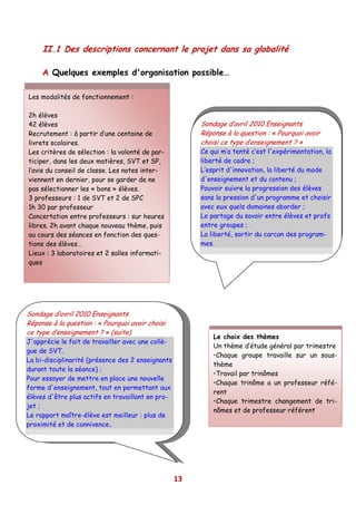 II.1 Des descriptions concernant le projet dans sa globalité

     A Quelques exemples d'organisation possible…

Les modalités de fonctionnement :

2h élèves
42 élèves                                               Sondage d’avril 2010 Enseignants
Recrutement : à partir d’une centaine de                Réponse à la question : « Pourquoi avoir
livrets scolaires.                                      choisi ce type d’enseignement ? »
Les critères de sélection : la volonté de par-          Ce qui m’a tenté c’est l'expérimentation, la
ticiper, dans les deux matières, SVT et SP,             liberté de cadre ;
l’avis du conseil de classe. Les notes inter-           L’esprit d'innovation, la liberté du mode
viennent en dernier, pour se garder de ne               d'enseignement et du contenu ;
pas sélectionner les « bons » élèves.                   Pouvoir suivre la progression des élèves
3 professeurs : 1 de SVT et 2 de SPC                    sans la pression d'un programme et choisir
1h 30 par professeur                                    avec eux quels domaines aborder ;
Concertation entre professeurs : sur heures             Le partage du savoir entre élèves et profs
libres. 2h avant chaque nouveau thème, puis             entre groupes ;
au cours des séances en fonction des ques-              La liberté, sortir du carcan des program-
tions des élèves…                                       mes.
Lieux : 3 laboratoires et 2 salles informati-
ques




Sondage d’avril 2010 Enseignants
Réponse à la question : « Pourquoi avoir choisi
ce type d’enseignement ? » (suite)
                                                            Le choix des thèmes
J'apprécie le fait de travailler avec une collè-
                                                            Un thème d’étude général par trimestre
gue de SVT.
                                                            •Chaque groupe travaille sur un sous-
La bi-disciplinarité (présence des 2 enseignants
                                                            thème
durant toute la séance) ;
                                                            •Travail par trinômes
Pour essayer de mettre en place une nouvelle
                                                            •Chaque trinôme a un professeur réfé-
forme d'enseignement, tout en permettant aux
                                                            rent
élèves d'être plus actifs en travaillant en pro-
                                                            •Chaque trimestre changement de tri-
jet ;
                                                            nômes et de professeur référent
Le rapport maître-élève est meilleur : plus de
proximité et de connivence.




                                                   13
 