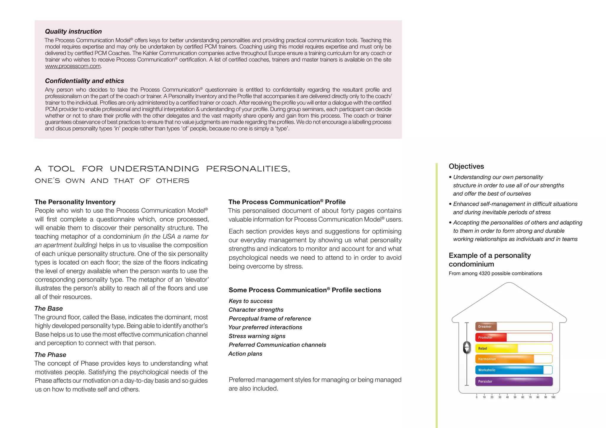 Quality instruction
The Process Communication Model®
offers keys for better understanding personalities and providing practical communication tools. Teaching this
model requires expertise and may only be undertaken by certified PCM trainers. Coaching using this model requires expertise and must only be
delivered by certified PCM Coaches. The Kahler Communication companies active throughout Europe ensure a training curriculum for any coach or
trainer who wishes to receive Process Communication®
certification. A list of certified coaches, trainers and master trainers is available on the site
www.processcom.com.
Confidentiality and ethics
Any person who decides to take the Process Communication®
questionnaire is entitled to confidentiality regarding the resultant profile and
professionalism on the part of the coach or trainer. A Personality Inventory and the Profile that accompanies it are delivered directly only to the coach/
trainer to the individual. Profiles are only administered by a certified trainer or coach. After receiving the profile you will enter a dialogue with the certified
PCM provider to enable professional and insightful interpretation & understanding of your profile. During group seminars, each participant can decide
whether or not to share their profile with the other delegates and the vast majority share openly and gain from this process. The coach or trainer
guarantees observance of best practices to ensure that no value judgments are made regarding the profiles. We do not encourage a labelling process
and discus personality types ‘in’ people rather than types ‘of’ people, because no one is simply a ‘type’.
a tool for understanding personalities,
one’s own and that of others
The Personality Inventory
People who wish to use the Process Communication Model®
will first complete a questionnaire which, once processed,
will enable them to discover their personality structure. The
teaching metaphor of a condominium (in the USA a name for
an apartment building) helps in us to visualise the composition
of each unique personality structure. One of the six personality
types is located on each floor; the size of the floors indicating
the level of energy available when the person wants to use the
corresponding personality type. The metaphor of an ‘elevator’
illustrates the person’s ability to reach all of the floors and use
all of their resources.
The Base
The ground floor, called the Base, indicates the dominant, most
highly developed personality type. Being able to identify another’s
Base helps us to use the most effective communication channel
and perception to connect with that person.
The Phase
The concept of Phase provides keys to understanding what
motivates people. Satisfying the psychological needs of the
Phase affects our motivation on a day-to-day basis and so guides
us on how to motivate self and others.
The Process Communication®
Profile
This personalised document of about forty pages contains
valuable information for Process Communication Model®
users.
Each section provides keys and suggestions for optimising
our everyday management by showing us what personality
strengths and indicators to monitor and account for and what
psychological needs we need to attend to in order to avoid
being overcome by stress.
Some Process Communication®
Profile sections
Keys to success
Character strengths
Perceptual frame of reference
Your preferred interactions
Stress warning signs
Preferred Communication channels
Action plans
Preferred management styles for managing or being managed
are also included.
Objectives
• Understanding our own personality
structure in order to use all of our strengths
and offer the best of ourselves
• Enhanced self-management in difficult situations
and during inevitable periods of stress
• Accepting the personalities of others and adapting
to them in order to form strong and durable
working relationships as individuals and in teams
0 10 20 30 40 50 60 70 80 90 100
Example of a personality
condominium
From among 4320 possible combinations
 
