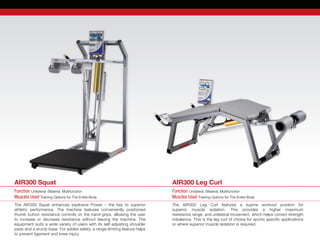 The AIR300 Leg Curl features a supine workout position for	
superior muscle isolation. This provides a higher maximum	
resistance range, and unilateral movement, which helps correct strength	
imbalance. This is the leg curl of choice for sports specific applications
or where superior muscle isolation is required.
The AIR300 Squat enhances explosive Power – the key to superior	
athletic performance. The machine features conveniently positioned
thumb button resistance controls on the hand-grips, allowing the user
to increase or decrease resistance without leaving the machine. The	
equipment suits a wide variety of users with its self-adjusting shoulder
pads and a sturdy base. For added safety, a range-limiting feature helps
to prevent ligament and knee injury.
Function Unilateral, Bilateral, Multifunction
Muscles Used Training Options for The Entire Body
Function Unilateral, Bilateral, Multifunction
Muscles Used Training Options for The Entire Body
AIR300 Squat AIR300 Leg Curl
 
