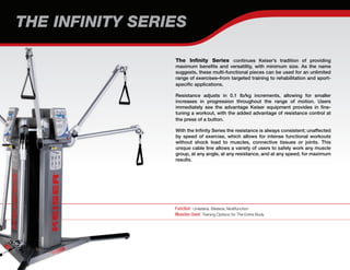 Function Unilateral, Bilateral, Multifunction
Muscles Used Training Options for The Entire Body
THE INFINITY SERIES
The Infinity Series continues Keiser’s tradition of providing
maximum benefits and versatility, with minimum size. As the name
suggests, these multi-functional pieces can be used for an unlimited
range of exercises–from targeted training to rehabilitation and sport-
specific applications.
Resistance adjusts in 0.1 lb/kg increments, allowing for smaller
increases in progression throughout the range of motion. Users
immediately see the advantage Keiser equipment provides in fine-
tuning a workout, with the added advantage of resistance control at
the press of a button.
With the Infinity Series the resistance is always consistent; unaffected
by speed of exercise, which allows for intense functional workouts
without shock load to muscles, connective tissues or joints. This
unique cable line allows a variety of users to safely work any muscle
group, at any angle, at any resistance, and at any speed, for maximum
results.
 