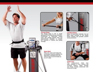 Triceps Rope
The Triceps Rope is 36” in length
allowing for full tricep and arm extension.
Constructed of heavy-duty coated
nylon with molded polymer ends and
ergonomically designed to provide
the maximum in traction and pulling
leverage.
Cable Vest
This multifunctional Cable Vest
adds versatility to your workout and
increases balance, agility, strength
and Power. Durably constructed with
reinforced D-rings.
Lat Back Strap
Made of heavy-duty materials, the Lat
Back Strap connects to the Infinity
Series machine and provides comfort
during movement.
Waist Belt
With a 4½” nylon cinch strap and
comfortable neoprene padding, the
Waist Belt is equipped with dual
steel D-rings to accommodate up
to a 44” waist.
 