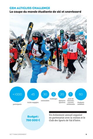 GEM ALTIGLISS CHALLENGE
La coupe du monde étudiante de ski et snowboard
+ 1000
Budget:
750 000 €
45 3 7 602030
participants
écoles engagées
nationalités
challenges jours de
festivités,
concerts,
cérémonies
épreuves
sportives étudiants
mobilisés
Un événement annuel organisé
en partenariat avec la station et le
Club des Sports de Val d’Isère.
ACT THINK EXPERIMENT 9
 