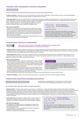Strategic EVENT Management  tourism Management
Sophia antipolis
On the French Riviera, learn by application with the programme’s network of local global companies
Programme objectives: - Understand the tourism and business events systems and their stakeholders - Apply managerial, financial, and marketing knowledge to
tourism and event projects - Identify upcoming challenges and opportunities for the sectors.
Career opportunities: Graduates of this MSc find work in a broad range of supervisory, managerial and consulting positions in both public and private sector tourism
or event organisations, often with a marketing and sales orientation. Event Management alumni can be expected to go on to managerial posts within conference
centers, international associations, professional conference organisers, convention
bureaux, exhibition organisers etc. Tourism Management graduates can go on to
positions in destination, hotel, travel or distribution marketing and sales.
Why choose this programme
Students learn from renowned, international faculty with relevant and extensive
professional and academic experience, who work using “active learning” methods–
the practical application of theory. SKEMA works closely with representatives from
major organisations in the field and has a successful track record of placing interns
within the industry. Students regularly meet expert practising professionals who
work locally and internationally.
The French Riviera has long been one of the world’s principal destinations. Students
are able to use the location as a living laboratory.
International Hospitality Management
paris
new
Programme outline: Hospitality management is a growing sector, making a significant contribution to the economic and social development of regions and countries
throughout the world. The hospitality sector requires professional managers who understand the challenges of globalisation, the importance of the visitor experience,
and the technical skills and knowledge required to be effective leaders in this industry.
Career opportunities: Graduates can seek various managerial positions in the hospitality sector such as guest service manager, front desk manager, sales and
marketing manager, quality manager, reservations manager, revenue manager, hotel manager, hospitality consultant and analyst, etc. Opportunities also exist in
distribution companies such as OTAs, and technology companies.
Why choose this programme
The master programme addresses the basics of hospitality, the strategic challenges
that hotel firms face, and the management of sales, distribution, revenue, people,
finance, facilities and operations for hotels and other hospitality businesses through
a strategic framework that incorporates culture, globalisation, quality management,
environmental sustainability, and innovation.
The programme provides opportunities for students to meet and interact through
conferences, site visits, and projects with industry professionals. Emphasis is also
put on students gaining self-awareness, developing an appreciation of the key skills
needed in hospitality and building a personal brand for themselves.
This joint programme with Ferrières School will take place at the Château campus of Ferrières-en-Brie, located just 25km from Paris.
Programme’s pedagogy: Lectures, case studies and professional projects in cooperation with tourism, events and hospitality businesses.
International Marketing  Business Development
Broad strategic insight and the skills to develop new business opportunities
Programme outline: This MSc provides training to acquire the six core competencies currently expected by the labour market for professionals of marketing or
business development: innovation  creativity, marketing intelligence, market research, strategic marketing, application of operational marketing, and sales  business
development. Students will be able to customise their course of study by choosing the specialisations of their campus. The Lille campus offers a specialisation in
Retail and Digital Marketing Management, the Paris campus specialises in Brand Strategy and Communication and on the Sophia Antipolis campus the focus is on
Entrepreneurship and Innovation. The programme balances academic input and practical application, reaching out to companies through projects, testimonials, case
studies and challenges..
Career opportunities: Trend agencies, marketing research, communication and
event agencies, marketing or product managers, trade marketing or category
managers, sales and business development, key account managers, purchasing…
Why choose this programme:
This programme was designed to meet the changing needs of business and
provide differentiated expertise through the complementary marketing and
business development skills.
The teaching focuses on the practical application of acquired knowledge and
meetings with experienced professionals.
This MSc has strong links with companies who recruit our students..
Lille Paris Sophia antipolis
91%Average salary: €35,730
Recruiting companies: Major hotel chains (Marriott, AccorHotels...),
destination marketing organisations, event and exhibition management
agencies, eTravel companies (Amadeus...), travel management
companies (American Express), tour operators (Club Med...),attractions
and venues (Chelsea Football Club...), Airports (Nice Côte d’Azur)
Net rate of employment
six months after graduation
new programme
Companies and brands that recruit and provide internships: Accor Hotels,
Booking.com, Carlson Wagonlit Travel Club Méditérranée, Choice
Hotels, Deloitte, Expedia, Fairmont, Hyatt, HRS, IHG, Marriott, Pierre et
Vacances, PriceMatch, Relais et Châteaux, Société des Bains de Mer de
Monaco, Voyageprive.com …
Study in Paris, centre of excellence and prestige in hospitality and in the Château Ferrières
Joint degree with Ecole Ferrières, the “School of French Excellence”
100%
Net rate of employment
six months after graduation
Average salary: €44,485
Recruiting companies: Procter  Gamble, Danone, Ferrero, Unilever,
Mars, Décathlon, ECS, Pepsico, Mondelez/Kraft, Valeo, Thales, Microsoft,
UPS, Leroy Merlin, Frost  Sullivan, Monaco Telecom, Philips, La Poste,
CiscoSystems..
Double-degrees are possible with the LUT school of business in Finland as well as
with the research master ‘Marketing advanced programme’ at Lille 2 University.
	 MSc programmes	 23	
 