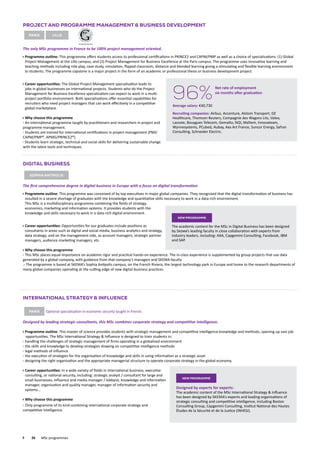 26	 MSc programmes
Digital Business
Sophia antipolis
The first comprehensive degree in digital business in Europe with a focus on digital transformation
Programme outline: This programme was conceived of by top executives in major global companies. They recognized that the digital transformation of business has
resulted in a severe shortage of graduates with the knowledge and quantitative skills necessary to work in a data-rich environment.
This MSc is a multidisciplinary programme combining the fields of strategy,
economics, marketing and information systems. It provides students with the
knowledge and skills necessary to work in a data-rich digital environment.
Career opportunities: Opportunities for our graduates include positions as
consultants in areas such as digital and social media, business analytics and strategy,
data strategy; and on the management side, as account managers, strategic partner
managers, audience marketing managers, etc.
Why choose this programme
This MSc places equal importance on academic rigor and practical hands-on experience. The in-class experience is supplemented by group projects that use data
generated by a global company, with guidance from that company’s managers and SKEMA faculty
. The programme is based at SKEMA’s Sophia Antipolis campus, on the French Riviera, the largest technology park in Europe and home to the research departments of
many global companies operating at the cutting edge of new digital business practices.
Project and Programme Management  Business Development
Paris Lille
The only MSc programme in France to be 100% project management oriented.
Programme outline: This programme offers students access to professional certifications in PRINCE2 and CAPM/PMP as well as a choice of specialisations: (1) Global
Project Management at the Lille campus, and (2) Project Management for Business Excellence at the Paris campus. The programme uses innovative learning and
teaching methods including role play, case study, simulation, flipped classroom, distance and blended learning giving a stimulating and flexible learning environment
to students. The programme capstone is a major project in the form of an academic or professional thesis or business development project.
Career opportunities: The Global Project Management specialisation leads to
jobs in global businesses on international projects. Students who do the Project
Management for Business Excellence specialisation can expect to work in a multi-
project portfolio environment. Both specialisations offer essential capabilities for
recruiters who need project managers that can work effectively in a competitive
global marketplace.
Why choose this programme
An international programme taught by practitioners and researchers in project and
programme management.
Students are trained for international certifications in project management (PMI/
CAPM/PMP®, APMG/PRINCE2®).
Students learn strategic, technical and social skills for delivering sustainable change
with the latest tools and techniques.
International Strategy  Influence
Paris Optional specialisation in economic security taught in French.
Designed by leading strategic consultants, this MSc combines corporate strategy and competitive intelligence​.
Programme outline: This master of science provides students with strategic management and competitive intelligence knowledge and methods, opening up vast job
opportunities. The MSc International Strategy  Influence is designed to train students in:
handling the challenges of strategic management of firms operating in a globalised environment
the skills and knowledge to develop strategies drawing on competitive intelligence methods
legal methods of influence
the execution of strategies for the organisation of knowledge and skills in using information as a strategic asset
designing the right organisation and the appropriate managerial structure to operate corporate strategy in the global economy.
Career opportunities: In a wide variety of fields in international business, executive
consulting, or national security, including: strategic analyst / consultant for large and
small businesses, influence and media manager / lobbyist, knowledge and information
manager, organisation and quality manager, manager of information security and
systems…
Why choose this programme
Only programme of its kind combining international corporate strategy and
competitive intelligence.
96%
Net rate of employment
six months after graduation
Average salary: €40,730
Recruiting companies: Airbus, Accenture, Alstom Transport, GE
Healthcare, Thomson Reuters, Compagnie des Wagons Lits, Valeo,
Lacoste, Bouygues Telecom, Gemalto, NQI, Maltem, Innovateam,
Wynnesystems, PCubed, Aubay, Axa Art France, Suncor Energy, Safran
Consulting, Schneider Electric.
new programme
The academic content for the MSc in Digital Business has been designed
by Skema’s leading faculty in close collaboration with experts from
industry leaders, including: AXA, Capgemini Consulting, Facebook, IBM
and SAP.
new programme
Designed by experts for experts:
The academic content of the MSc International Strategy  Influence
has been designed by Skema’s experts and leading organisations of
strategic consulting and competitive intelligence, including Boston
Consulting Group, Capgemini Consulting, Institut National des Hautes
Études de la Sécurité et de la Justice (INHESJ).
 