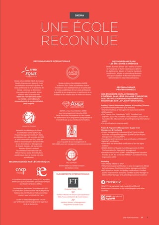 Une école reconnue	 07	
La Conférence des Grandes Ecoles (CGE) accrédite
Skema ainsi que ses Mastères Spécialisés® (MS) et
ses Masters of Science (MSc).
Les Mastères Spécialisés® ont obtenu en 2015
la certification professionnelle RNCP (Répertoire
National des Certifications Professionnelles)
niveau I, pour une durée de 3 ans.
Le BBA in Global Management est visé
par le Ministère de l’Enseignement Supérieur
et de la Recherche.
reconnaissance par l’état français
reconnaissance internationale
Skema est accréditée EQUIS (European
Quality Improvement System). Cette
accréditation reconnaît la qualité du
corps professoral et de la recherche de
Skema , ainsi que sa dimension
internationale et la qualité de ses
relations avec les entreprises.
Skema est l’une des rares écoles
au monde à avoir obtenu le
renouvellement de son accreditation
pour cinq ans.
Skema a obtenu l’accréditation AACSB
en février 2014. Cette accréditation évalue
l’excellence d’un établissement,et en particulier
le niveau académique de son corps professoral,
la qualité de ses programmes, la pertinence de sa
stratégie et les moyens pour la mettre en oeuvre..
Skema est accréditée par le Global
Accreditation Center (GAC®) du
Project Management Institute®. Cette
accréditation lui a été accordée en 2005
et a été renouvelée en 2013 jusqu’en
2019 en reconnaissance de l’ensemble
de ses formations en Management
de Projets. Skema a été la première
Business School à recevoir
l’accréditation internationale GAC
PM en France. Seules 40 institutions
académiques dans le monde ont cette
accréditation.
Skema est certifiée ISO 9001
pour la qualité de son management et
ISO 14001 pour son management environnemental.
Skema adhère au Global Compact
des Nations Unies
skema
une école
reconnue

Financial Times - 2016
10e
meilleur Master en Finance pre-expérience
(MSc Financial Markets  Investments) ;
26e
meilleur Master in Management
Programme Grande Ecole
Classements internationaux
Reconnaissance
professionnelle
Nos étudiants ont la possibilité
d’obtenir, dans leur domaine d’expertise,
des certifications professionnelles
reconnues sur le plan international.
Auditing, Control, Information Systems  Consulting / Finance
Chartered Financial Analyst® (CFA Institute)
Chartered Institute of Management Accountants (CIMA)
SAS Academic
The “Interim Cost Consultant»” (ICC), “Certified Cost
Engineer” (CCE) and “Certified Cost Consultant” (CCC) of The
Association for Advancement of Cost Engineering International
(AACE)
CIA (Certification in Internal Audit)
Project  Programme Management - Supply Chain
Management  Purchasing
Project Management Professional (PMP®) and Certified
Associate in Project Management (CAPM®) of the Project
Management Institute (PMI®)
Foundation and Practitioner level certification of PRINCE2®
AgilePM® certification
Green Belt and Yellow Belt certification of the Six Sigma
Institute
BASICS (BASICS of Supply Chain Management) of APICS
The Association for Operations Management
Skema Business School is PMI® Global Registered Education
Provider (R.E.P. No 1435) and PRINCE2® Accredited Training
Organisation (ATO)
Marketing
Data Mining offered by SAS™
PMV, the European certification in value management offered
by the European Practitioner in Value Management (AFAV)
ASQ (American Society for Quality) certifications, Certified
Quality Improvement Associate, Certified Quality Manager or
ASQ Certified Manager of Quality/Organisational Excellence
PRINCE2®
is a registered trade mark of the Office of
Government Commerce in the United Kingdom and other
countries.
SKEMA Business School- US a obtenu la licence
de l’University of North Carolina pour délivrer
les diplômes de Master in Financial Markets 
Investments , Master in International Business
ainsi que le diplôme de Bachelor of Business
Administration in International Business.
Reconnaissance par
Les états unis d’amérique
SKEMA a reçu l’accréditation AMBA
pour son programme Executive MBA.
Cette distinction récompense un haut niveau
de performance d’un programme postgraduate et
n’est attribuée qu’aux meilleures formations.
 