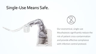 Single-Use Means Safe.
Our economical, single-use
Mouthpieces significantly reduce the
risk of patient cross-contamination...