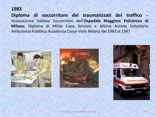1983
Diploma di soccorritore dei traumatizzati del traffico –
Associazione Italiana Soccorritori dell’Ospedale Maggiore Policlinico di
Milano; Diploma di Milite Capo Servizio e Allievo Autista Volontario
Ambulanza Pubblica Assistenza Croce Viola Milano dal 1983 al 1987
14Presentazione Giovanni Rossi 2016
 