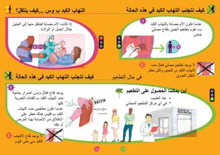 12
90%
4%
‫ينتقل؟‬ ‫...كيف‬ ‫وس‬ ‫ب‬ ‫الكبد‬ ‫التهاب‬
‫الجنين‬ ‫إلى‬ ‫منها‬ ‫فينتقل‬ ‫مصابة‬ ‫األم‬ ‫كانت‬ ‫إذا‬
‫الوالدة‬ ‫أو‬ ‫الحمل‬ ‫خالل‬
‫الحالة‬ ‫هذه‬ ‫في‬ ‫الكبد‬ ‫التهاب‬ ‫نتجنب‬ ‫كيف‬
‫الحالة‬ ‫هذه‬ ‫في‬ ‫الكبد‬ ‫التهاب‬ ‫نتجنب‬ ‫كيف‬ ‫التطعيم‬ ‫حال‬ ‫في‬
‫جانبية‬ ‫أضرار‬ ‫ودون‬ ‫ّال‬‫ع‬‫ف‬ ‫لقاح‬ ‫يوجد‬
‫العمرية‬ ‫للفئات‬ ‫ب‬ ‫الكبد‬ ‫التهاب‬ ‫ضد‬
‫كلها‬
‫التهاب‬ ‫ضد‬ ‫ّمين‬‫ع‬‫مط‬ ‫نكون‬ ‫عندما‬
‫على‬ ‫خطر‬ ‫هناك‬ ‫فليس‬ ‫ب‬ ‫الكبد‬
‫المرض‬ ‫بهذا‬ ‫اإلصابة‬ ‫من‬ ‫اإلطالق‬
‫نقله‬ ‫أو‬
‫اللتهاب‬ ‫لقاح‬ ‫يوجد‬ ‫ال‬
‫اليوم‬ ‫حتى‬ ‫سي‬ ‫الكبد‬
13
‫الحالة‬ ‫هذه‬ ‫في‬ ‫الكبد‬ ‫التهاب‬ ‫نتجنب‬ ‫كيف‬
‫الكبد‬ ‫بالتهاب‬ ‫مصابة‬ ‫األم‬ ‫تكون‬ ‫عندما‬
‫مصلي‬ ‫بلقاح‬ ‫الجنين‬ ‫بتطعيم‬ ‫نقوم‬ ،‫ب‬
‫خاص‬
‫ضد‬ ‫فعال‬ ‫مصلي‬ ‫تطعيم‬ ‫يوجد‬ ‫ال‬
‫خطر‬ ‫ولكن‬ ‫للجنين‬ ‫س‬ ‫الكبد‬ ‫التهاب‬
‫العدوى‬ ‫انتقال‬‫التطعيم‬ ‫حال‬ ‫في‬
‫التطعيم‬ ‫على‬ ‫الحصول‬ ‫يمكننا‬ ‫أين‬
‫الطبيب‬ ‫عند‬
‫المجاني‬ ‫للتطعيم‬ ‫مركز‬ ‫أي‬ ‫في‬
 