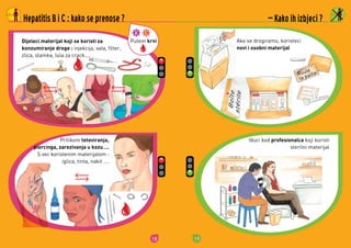 18
Dijeleci materijal koji se koristi za
konzumiranje droge :	injekcija,	vata,	filter,	
zlica,	slamka,	lula	za	crack
Hepatitis B i C : kako se prenose ?
Putem krvi
Prilikom	tetoviranja,
piercinga, zarezivanja u kozu.	
S	vec	koristenim	materijalom	:	
iglica,	tinta,	nakit	
19
Iduci	kod	profesionalca	koji	koristi	
sterilni	materijal	
 Kako ih izbjeci ?
Ako	se	drogiramo,	koristeci	
novi i osobni materijal
 