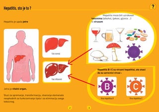 2
Hepatitis	je	upala	jetre
Jetra	je	vitalni organ.
Sluzi	za	spremanje,	transformaciju,	stvaranje	elemenata	
neophodnih	za	funkcioniranje	tijela	i	za	eliminaciju	svega	
toksicnog
Foie normal
Foie inflamm
Hepatitis, sto je to ?
3
	 Hepatitis	moze	biti	uzrokovan	
toksinima	(alkohol,	ljekovi,	gljivice	)	
ili	virusom
Hepatitis B i C su virusni hepatitisi, sto znaci
da su uzrocnici virusi :
Virus hepatitisa B Virus hepatitisa C
 