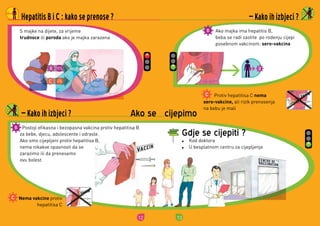 12
Nema vakcine protiv	
hepatitisa	C
S	majke	na	dijete,	za	vrijeme	
trudnoce	ili	poroda	ako	je	majka	zarazena
		Postoji	efikasna	i	bezopasna	vakcina	protiv	hepatitisa	B	
za	bebe,	djecu,	adolescente	i	odrasle
Ako	smo	cijepljeni	protiv	hepatitisa	B,	
nema	nikakve	opasnosti	da	se	
zarazimo	ili	da	prenesemo	
ovu	bolest
 Kako ih izbjeci ? Ako se cijepimo
90%
4%
Hepatitis B i C : kako se prenose ?
13
 Kako ih izbjeci ? Ako se cijepimo
Ako	majka	ima	hepatitis	B,	
beba	se	radi	zastite		po	rodenju	cijepi	
posebnom	vakcinom: sero-vakcina
									Protiv	hepatitisa	C	nema
sero-vakcine,	ali	rizik	prenosenja	
na	bebu	je	mali
Kod	doktora	
U	besplatnom	centru	za	cijepljenje
Gdje se cijepiti ?
 Kako ih izbjeci ?
 