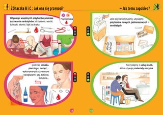18
U?ywaj?c wsplnych przyborw podczas
za?ywania narkotykw: strzykawki, waciki,
?y?eczki, s?omki, fajki do kraku
??taczka B i C : Jak ona si? przenosi?
podczas tatua?u,
piercingu, naci??,...
wykonywanych u?ywanymi
narz?dziami: ig?y, kotwice,
bi?uteria...
Poprzez krew
19
Korzystajmy z us?ug osb,
ktre u?ywaj? materia?y sterylne
 Jak temu zapobiec?
Je?li si? narkotyzujemy, u?ywajmy
przyborw nowych, jednorazowych i
osobistych
 