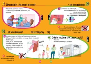 12
Nie istnieje
szczepionka przeciw
??taczce C
Matka mo?e przekaza? dziecku
w czasie ci??y lub porodu, je?eli sama jest
zara?ona
Istnieje szczepionka skuteczna i bezpieczna przeciwko
??taczce B, dla noworodkw, niemowl?t, dzieci, m?odzie?y i
dla doros?ych.
Je?eli jest si? zaszczepionym
przeciwko ??taczce B, nie ma
?adnego ryzyka zara?enia si?
ani przekazania komu? innemu
tej choroby
 Jak temu zapobiec? Zaszczepmy si?
90%
4%
??taczka B i C : Jak ona si? przenosi?
13
 Jak temu zapobiec? Zaszczepmy si?
Je?li mama ma ??taczk? B,
zaszczepia si? dziecko tu? po urodzeniu,
specjaln? szczepionk?,
ktra je chroni przed chorob?.
Jest to szczepionka serologiczna
Przeciwko ??taczce C nie ma
szczepionki serologicznej, ale i ryzyko
zara?enia noworodka przez matk? jest
bardzo ma?e.
U lekarza
W centrum darmowych szczepie
Gdzie mo?na si? zaszczepi??
 Jak temu zapobiec?
 