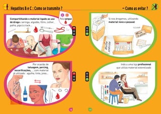 18
Compartilhando o material ligado ao uso
de droga :	seringa,	algodão,	filtro,	colher,	
palha,	pipa	à	crack . . .
Hepatites B e C : Como se transmite ?
Pelo sangue
	 Por	ocasião	de	
tatuagem, percing,
escarificações,	 . . .	com	material	
jà	utilizado	:	agulha,	tinta,	joias . . .
19
Indo	a	uma	loja	profissional	
que	utiliza	material	esterelizado
— Como as evitar ?
Si	nos	drogamos,	utilizando	
material novo e pessoal
 