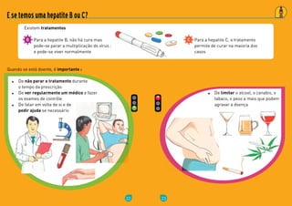 22
Para	a	hepatite	B,	não	há	cura	mas	
pode-se	parar	a	multiplicação	do	vírus	:	
e	pode-se	viver	normalmente
Quando	se	está	doente,	é	importante :
Existem	tratamentos
E se temos uma hepatite B ou C?
De	não parar o tratamento	durante	
o	tempo	da	prescrição
De	ver regularmente um médico	e	fazer	
os	exames	de	contrôle
De	falar	em	volta	de	si	e	de	
pedir ajuda	se	necessário
23
Para	a	hepatite	C,	o	tratamento	
permite	de	curar	na	maioria	dos	
casos
De	limitar	o	alcool,	o	canabis,	o	
tabaco,	o	peso	a	mais	que	podem	
agravar	a	doença
 
