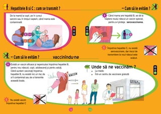 12
Nu există vaccin
împotriva hepatitei C
De la mamă la copil, pe în cursul
sarcinii sau în timpul nașterii, când mama este
contaminată
Există un vaccin eficace și nepericulos împotriva hepatitei B,
pentru nou născuti, copii, adolescenţi și pentru adulţi.
Când suntem vaccinaţi împotriva
hepatitei B, nu există nici un risc de
a fi contaminat sau de a transmite
această boala.
— Cum să le evităm ? vaccinîndu-ne
90%
4%
Hepatitele B si C : cum se transmit ?
13
— Cum să le evităm ? vaccinîndu-ne
Când mama are hepatită B, se dă la
naștere noului născut un vaccin special,
pentru a-l proteja : serovaccinarea.
Împotriva hepatitei C, nu există
serovaccinare, dar riscul de
transmitere la noul născut este
scăzut.
La medic
Într-un centru de vaccinare gratuită
Unde să ne vaccinăm ?
— Cum să le evităm ?
 