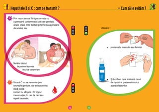 14
Numărul crescut
de parteneri sporește
riscul de contaminare
Hepatitele B si C : cum se transmit ?
Prin raport sexual fără prezervativ cu
o persoană contaminată : pe cale genitală,
anală, orală, între barbaţi și femei sau persoane
de același sex
Virusul C nu se transmite prin
secreţiile genitale, dar există un risc
dacă există
contact cu sângele : în timpul
menstruaţiei, în caz de răni sau
raport traumatic
15
— Cum să le evităm ?
prezervativ masculin sau feminin
Utilizând :
Şi lubrifiant care limitează riscul
de ruptură a prezervativului și
apariţia leziunilor.
 