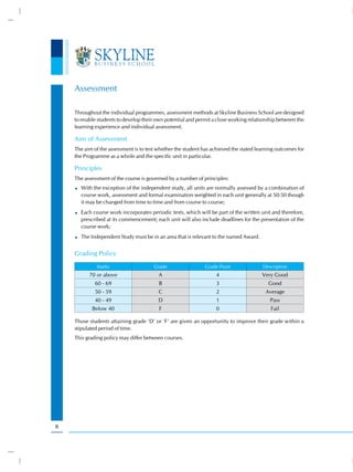 Assessment

    Throughout the individual programmes, assessment methods at Skyline Business School are designed
    to enable students to develop their own potential and permit a close working relationship between the
    learning experience and individual assessment.

    Aim of Assessment
    The aim of the assessment is to test whether the student has achieved the stated learning outcomes for
    the Programme as a whole and the specific unit in particular.

    Principles
    The assessment of the course is governed by a number of principles:
      With the exception of the independent study, all units are normally assessed by a combination of
      course work, assessment and formal examination weighted in each unit generally at 50:50 though
      it may be changed from time to time and from course to course;
      Each course work incorporates periodic tests, which will be part of the written unit and therefore,
      prescribed at its commencement; each unit will also include deadlines for the presentation of the
      course work;
      The Independent Study must be in an area that is relevant to the named Award.


    Grading Policy
             Marks                     Grade                  Grade Point              Description
          70 or above                    A                        4                    Very Good
             60 - 69                     B                        3                       Good
             50 - 59                     C                        2                     Average
             40 - 49                     D                         1                      Pass
           Below 40                      F                         0                       Fail

    Those students attaining grade ‘D’ or ‘F’ are given an opportunity to improve their grade within a
    stipulated period of time.
    This grading policy may differ between courses.




8
 