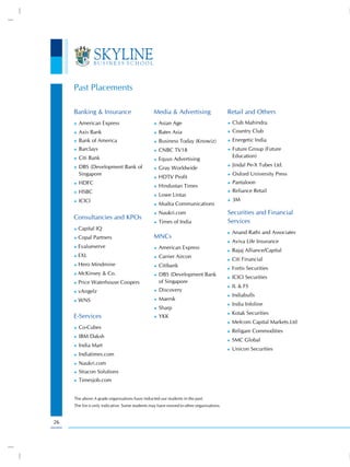 Past Placements

     Banking & Insurance                         Media & Advertising                     Retail and Others
     ))   American Express                       ))   Asian Age                          ))   Club Mahindra
     ))   Axis Bank                              ))   Bates Asia                         ))   Country Club
     ))   Bank of America                        ))   Business Today (Knowiz)            ))   Energetic India
     ))   Barclays                               ))   CNBC TV18                          ))   Future Group (Future
          Citi Bank                                                                           Education)
     ))                                          ))   Equus Advertising
          DBS (Development Bank of                                                       ))   Jindal Pe-X Tubes Ltd.
     ))                                          ))   Gray Worldwide
          Singapore                                                                      ))   Oxford University Press
                                                 ))   HDTV Profit
     ))   HDFC                                                                           ))   Pantaloon
                                                 ))   Hindustan Times
     ))   HSBC                                                                           ))   Reliance Retail
                                                 ))   Lowe Lintas
     ))   ICICI                                                                          ))   3M
                                                 ))   Mudra Communications
                                                 ))   Naukri.com                         Securities and Financial
     Consultancies and KPOs
                                                 ))   Times of India                     Services
     ))Capital IQ
                                                                                         ))   Anand Rathi and Associates
     ))Copal Partners                            MNCs
                                                                                         ))   Aviva Life Insurance
     ))Evalueserve                               ))   American Express
                                                                                         ))   Bajaj Alliance/Capital
     ))EXL                                       ))   Carrier Aircon
                                                                                         ))   Citi Financial
     ))Hero Mindmine                             ))   Citibank
                                                                                         ))   Fortis Securities
     ))McKinsey & Co.                            ))   DBS (Development Bank
                                                                                         ))   ICICI Securities
     ))Price Waterhouse Coopers                       of Singapore
                                                                                         ))   IL & FS
     ))vAngelz                                   ))   Discovery
                                                                                         ))   Indiabulls
     ))WNS                                       ))   Maersk
                                                                                         ))   India Infoline
                                                 ))   Sharp
                                                                                              Kotak Securities
     E-Services
                                                                                         ))
                                                 ))   YKK
                                                                                         ))   Mefcom Capital Markets.Ltd
     ))   Co-Cubes
                                                                                         ))   Religare Commodities
     ))   IBM Daksh
                                                                                         ))   SMC Global
     ))   India Mart
                                                                                         ))   Unicon Securities
     ))   Indiatimes.com
     ))   Naukri.com
     ))   Stracon Solutions
     ))   Timesjob.com


     The above A grade organisations have inducted our students in the past.
     The list is only indicative. Some students may have moved to other organisations.


26
 