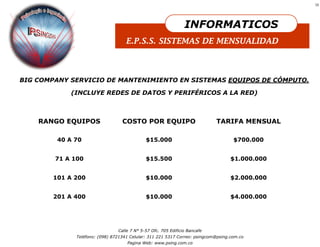 15




                                                                INFORMATICOS
                                    E.P.S.S. SISTEMAS DE MENSUALIDAD



BIG COMPANY SERVICIO DE MANTENIMIENTO EN SISTEMAS EQUIPOS DE CÓMPUTO.

            (INCLUYE REDES DE DATOS Y PERIFÉRICOS A LA RED)



    RANGO EQUIPOS                 COSTO POR EQUIPO                          TARIFA MENSUAL

         40 A 70                             $15.000                                $700.000


        71 A 100                             $15.500                               $1.000.000


        101 A 200                            $10.000                               $2.000.000


        201 A 400                            $10.000                               $4.000.000




                                Calle 7 N° 5-57 Ofc. 705 Edificio Bancafe
              Teléfono: (098) 8721341 Celular: 311 221 5317 Correo: psingcom@psing.com.co
                                    Pagina Web: www.psing.com.co
 