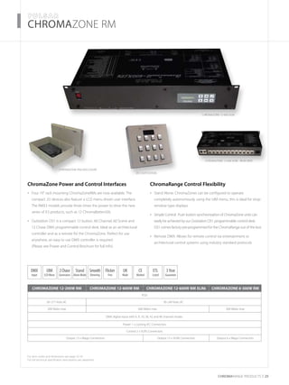 CHROMARAnge products 29
For item codes and dimensions see page 52-54
For full technical specification and options see datasheet
­­­­CHROMAZONE RM
ChromaZone IP66 Enclosure
ChromaZone Power and Control Interfaces
Four 19” rack mounting ChromaZoneRMs are now available. The•	
compact 2U devices also feature a LCD menu driven user interface.
The RMX3 models provide three times the power to drive the new
series of X3 products, such as 12 ChromaBatten50s
Outstation OS1 is a compact 12 button, 60 Channel, 60 Scene and•	
12 Chase DMX programmable control desk. Ideal as an architectural
controller and as a remote for the ChromaZone. Perfect for use
anywhere, an easy to use DMX controller is required.
(Please see Power and Control Brochure for full info)
ChromaRange Control Flexibility
Stand Alone: ChromaZones can be configured to operate•	
completely autonomously using the UIM menu, this is ideal for shop
window type displays
Simple Control: Push button synchronisation of ChromaZone units can•	
easily be achieved by our Outstation OS1 programmable control desk.
OS1 comes factory pre-programmed for the ChromaRange out of the box
Remote DMX: Allows for remote control via entertainment•	 or
architectural control systems using industry standard protocols
CHROMAZONE 12-200W RM CHROMAZONE 12-600W RM CHROMAZONE 12-600W RM XLR6 CHROMAZONE 6-300W RM
IP20
85-277 Volts AC 85-240 Volts AC
200 Watts max 600 Watts max 300 Watts max
DMX digital input with 6, 9, 10, 36, 42 and 46 channel modes.
Power 1 x Locking IEC Connectors
Control 2 x XLR5 Connectors
Output 12 x Wago Connectors Output 12 x XLR6 Connectors Output 6 x Wago Connectors
UK
Made
3Year
Guarantee
CE
Marked
ETL
Listed
DMX
Input
UIM
LCD Menu
Stand
Alone Mode
Flicker
Free
Smooth
Dimming
2Chase
Generators
Chromazone 12-600 XLR6
Chromazone 12-600 XLR6 - REAR VIEW
OS1 OUTSTATION
 