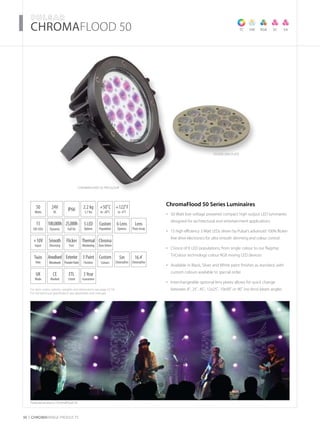 For item codes, options, weights and dimensions see page 52-54
For full technical specification see datasheets and manuals
30 CHROMARAnge products
­­­­CHROMAFLOOD 50
Featured products: ChromaFlood 50
ChromaFlood 50 TriColour
CFLD50 LENS PLATE
TC VW RGB SC SA
50
Watts
+10V
Input
Thermal
Monitoring
UK
Made
15
3W LEDs
3Year
Guarantee
+50˚C
to -20˚C
24V
DC
Twin
Yoke
IP66
Flicker
Free
6 Lens
Options
2.2 kg
5.7 lbs
CE
Marked
3 Paint
Finishes
5LED
Options
Smooth
Dimming
Anodised
Metalwork
ETL
Listed
Lens
Plate Array
Exterior
PowderPaint
100,000h
Dynamic
25,000h
Full On
Custom
Colours
+122˚F
to -4˚F
5m
ChromaFlex
16.4’
ChromaFlex
Custom
Population
Chroma
ZoneDriven
ChromaFlood 50 Series Luminaires
50 Watt low voltage powered compact high output LED luminaires•	
designed for architectural and entertainment applications
15 high efficiency 3 Watt LEDs driven by Pulsar’s advanced 100% flicker-•	
free drive electronics for ultra smooth dimming and colour control
Choice of 6 LED populations, from single colour to our flagship•	
TriColour technology colour RGB mixing LED devices
Available in Black, Silver and White paint finishes as standard, with•	
custom colours available to special order
Interchangeable optional lens plates allows for quick change•	
between 8˚, 25˚, 45˚, 12x25˚, 10x90˚ or 90˚ (no lens) beam angles
 