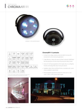 For item codes, options, weights and dimensions see page 52-54
For full technical specification see datasheets and manuals
42 CHROMARAnge products
­­­­CHROMAAR111
ChromaAR111 with mounting Bracket
TC SA
Featured products: ChromaAR111
SC
17
Watts
UK
Made
5
3W LEDs
3Year
Guarantee
+50˚C
to -20˚C
24V
DC
IP66
5 Beam
Angles
0.9 kg
1.8 lbs
CE
Marked
3LED
Options
Anodised
Metalwork
ETL
Listed
Exterior
PowderPaint
100,000h
Dynamic
25,000h
Full On
+122˚F
to -4˚F
Custom
Population
ChromaAR111 Luminaire
Compact, low voltage, weather-proof and stylish luminaires for•	
entertainment and architectural applications
5 High efficiency 3 Watt LEDs driven by Pulsar’s advanced 100% flicker-•	
free drive electronics for ultra smooth dimming and colour control
Choice of 3 LED type populations, from single colour to our flagship•	
TriColour technology RGB colour mixing LED devices
Available in Black, Silver and White finishes as standard, with custom•	
colours available to special order
Interchangeable optional lenses allows for choice of 8˚, 25˚, 45˚,•	
12x25˚, 10x50˚, or 90˚ (no lens) beam angles
+10V
Input
Thermal
Monitoring
Flicker
Free
Smooth
Dimming
Chroma
ZoneDriven
Optional
Bracket
3 Paint
Finishes
Custom
Colours
5m
ChromaFlex
16.4’
ChromaFlex
 