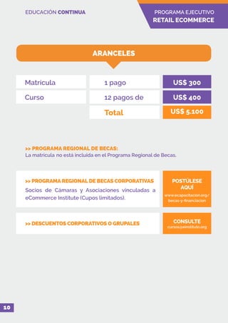 EDUCACIÓN CONTINUA
10
>> PROGRAMA REGIONAL DE BECAS:
La matrícula no está incluida en el Programa Regional de Becas.
ARANCELES
Matrícula
Curso
1 pago
12 pagos de
Total
US$ 300
US$ 400
US$ 5.100
POSTÚLESE
AQUÍ
www.ecapacitacion.org/
becas-y-financiacion
CONSULTE
cursos@einstituto.org
>> PROGRAMA REGIONAL DE BECAS CORPORATIVAS
Socios de Cámaras y Asociaciones vinculadas a
eCommerce Institute (Cupos limitados).
>> DESCUENTOS CORPORATIVOS O GRUPALES
PROGRAMA EJECUTIVO
RETAIL ECOMMERCE
 