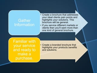 • Create a brochure that addresses
your ideal clients pain points and
highlights your solutions. This
brochure will be general.
• If you service different markets or
clients then you’ll want more than
one kind of general brochure.
Gather
Information
• Create a branded brochure that
highlights your products benefits
and solutions.
Familiar with
your service
and ready to
make a
purchase.
 