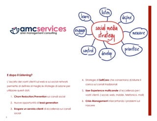 2
1




        E dopo il Listening?
                                                                     4. Strategie di SelfCare che consentano di ridurre il
        L’ascolto dei vostri clienti sul web e sui social network
                                                                        carico sui canali tradizionali
        permette di definire al meglio le strategie di azione per
        utilizzare questi dati.                                      5. User Experience multicanale d’eccellenza per i
                                                                        vostri clienti, ( social, web, mobile, telefonico, mail)
           1. Churn Reduction/Prevention sui canali social
                                                                     6. Crisis Management intercettando i problemi sul
           2. Nuove opportunità di lead generation
                                                                        nascere
           3. Erogare un servizio clienti di eccellenza sui canali
               social
    5
 
