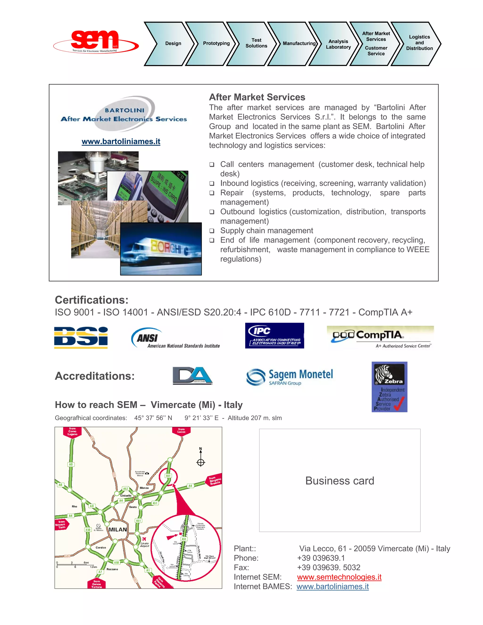 After Market
                                                                                                                    Services       Logistics
                                                                         Test                          Analysis
                                       Design         Prototyping                     Manufacturing                                   and
                                                                       Solutions                      Laboratory    Customer      Distribution
                                                                                                                     Service




                                                        After Market Services
                                                        The after market services are managed by “Bartolini After
                                                        Market Electronics Services S.r.l.”. It belongs to the same
                                                        Group and located in the same plant as SEM. Bartolini After
                                                        Market Electronics Services offers a wide choice of integrated
         www.bartoliniames.it                           technology and logistics services:

                                                             Call centers management (customer desk, technical help
                                                             desk)
                                                             Inbound logistics (receiving, screening, warranty validation)
                                                             Repair (systems, products, technology, spare parts
                                                             management)
                                                             Outbound logistics (customization, distribution, transports
                                                             management)
                                                             Supply chain management
                                                             End of life management (component recovery, recycling,
                                                             refurbishment, waste management in compliance to WEEE
                                                             regulations)




Certifications:
ISO 9001 - ISO 14001 - ANSI/ESD S20.20:4 - IPC 610D - 7711 - 7721 - CompTIA A+




Accreditations:

How to reach SEM – Vimercate (Mi) - Italy
Geografhical coordinates:   45° 37’ 56’’ N      9° 21’ 33’’ E - Altitude 207 m. slm




                                                                                              Business card




                                                                    Plant::                Via Lecco, 61 - 20059 Vimercate (Mi) - Italy
                                                                    Phone:                 +39 039639.1
                                                                    Fax:                   +39 039639. 5032
                                                                    Internet SEM:          www.semtechnologies.it
                                                                    Internet BAMES:        www.bartoliniames.it
 