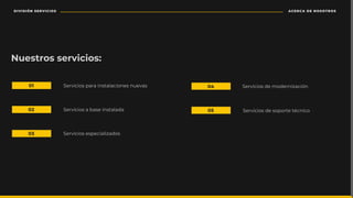 ACERCA DE NOSOTROS
DIVISIÓN SERVICIOS
Servicios para instalaciones nuevas
Servicios a base instalada
Servicios especializados
Servicios de modernización
Servicios de soporte técnico
01
02
03
04
05
Nuestros servicios:
 