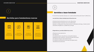 Diagnósticos y pruebas dieléctricas como:
Servicios para instalaciones nuevas
1
NUESTROS SERVICIOS
Trabajos de
instalación en
equipos de baja
y media tensión
Trabajos de
comisionamiento
o pruebas y puesta
en marcha
Estudios de
coordinación
de protecciones
y corto circuito
Capacitación y
entrenamiento
sobre operación
y modo de uso
de los equipos
Servicios a base instalada
2
En Aei hemos realizado alianzas con nuestros fabricantes para hacer la diferencia.
/ Mantenimiento preventivo con o sin refacciones
/ Mantenimiento correctivo con o sin refacciones
/٪ǬɍȷɅƲ٪ȉ٪ƤȉǾ˚ǍɍȯƇƤǛȊǾ٪ƫƲ٪ȬȯȉɅƲƤƤǛȉǾƲȷ٪ƲǾ٪ȯƲǳƲɥƇƫȉȯƲȷ٪ƫƲ٪ƣƇǬƇ٪ɬ٪ǼƲƫǛƇ٪ɅƲǾȷǛȊǾ
/٪-ȷɅɍƫǛȉȷ٪ƲǾƲȯǍƳɅǛƤȉȷ٪ȉ٪ƤƇǳǛƫƇƫ٪ƫƲ٪ǳƇ٪ƲǾƲȯǍǝƇ
Los servicios a base instalada que ofrecemos son:
/ Resistencia de aislamiento
/ Prueba VLF
/ Pruebas de factor de potencia a atransformadores
/ Resistencia de contactos u óhmica (Prueba de Ducter)
/ Pruebas de relación de transformación
/٪¤ȯɍƲƣƇȷ٪ƫƲ٪ɥƲȯǛ˚ƤƇƤǛȊǾ٪ƫƲ٪ɅǛƲǼȬȉȷ٪ƫƲ٪ƫǛȷȬƇȯȉ٪ȬƇȯƇ٪
relevadores de protección
DIVISIÓN SERVICIOS
 
