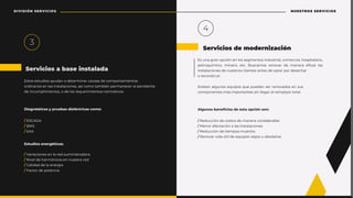 Estos estudios ayudan a determinar causas de comportamientos
ȉȯƫǛǾƇȯǛȉȷ٪ƲǾ٪ǳƇȷ٪ǛǾȷɅƇǳƇƤǛȉǾƲȷ‫ؙ‬٪Ƈȷǝ٪ƤȉǼȉ٪ɅƇǼƣǛƳǾ٪ȬƲȯǼƇǾƲƤƲȯ٪Ƈǳ٪ȬƲǾƫǛƲǾɅƲ٪
de incumplimientos, o de los requerimientos normativos.
/ ESCADA
/ BMS
/ EAA
Diagnósticos y pruebas dieléctricas como:
/ Variaciones en la red suministradora
/ Nivel de harmónicos en nuestra red
/٪ƇǳǛƫƇƫ٪ƫƲ٪ǳƇ٪ƲǾƲȯǍǛƇ
/ Factor de potencia
Estudios energéticos:
-ȷ٪ɍǾƇ٪ǍȯƇǾ٪ȉȬƤǛȊǾ٪ƲǾ٪ǳȉȷ٪ȷƲǍǼƲǾɅȉȷ٪ǛǾƫɍȷɅȯǛƇǳ‫ؙ‬٪ƤȉǼƲȯƤǛƇǳ‫ؙ‬٪ǕȉȷȬǛɅƇǳƇȯǛȉ‫ؙ‬٪
ȬƲɅȯȉȮɍǝǼǛƤȉ‫ؙ‬٪ ǼǛǾƲȯȉ‫ؙ‬٪ ƲɅƤ‫ؘ‬٪ ɍȷƤƇǼȉȷ٪ ȯƲǾȉɥƇȯ٪ ƫƲ٪ ǼƇǾƲȯƇ٪ Ʋ˚ƤƇɶ٪ ǳƇȷ٪
instalaciones de nuestros clientes antes de optar por desechar
o reconstruir.
-ɫǛȷɅƲǾ٪ƇǳǍɍǾȉȷ٪ƲȮɍǛȬȉȷ٪ȮɍƲ٪ȬɍƲƫƲǾ٪ȷƲȯ٪ȯƲǾȉɥƇƫȉȷ٪ƲǾ٪ȷɍȷ٪
ƤȉǼȬȉǾƲǾɅƲȷ٪Ǽƈȷ٪ǛǼȬȉȯɅƇǾɅƲȷ٪ȷǛǾ٪ǳǳƲǍƇȯ٪Ƈǳ٪ȯƲǼȬǳƇɶȉ٪ɅȉɅƇǳ‫ؘ‬
/ Reducción de costos de manera considerable
/ Menor afectación a las instalaciones
/ Reducción de tiempos muertos
/ Renovar vida útil de equipos viejos u obsoletos
ǳǍɍǾȉȷ٪ƣƲǾƲ˚ƤǛȉȷ٪ƫƲ٪ƲȷɅƇ٪ȉȬƤǛȊǾ٪ȷȉǾ‫ؚ‬
Servicios a base instalada
3
Servicios de modernización
4
NUESTROS SERVICIOS
DIVISIÓN SERVICIOS
 