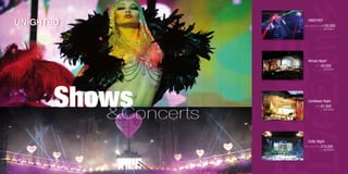 UniGhted                 UniGTHED
                     2008, 2009 & 2010 +100,000
                                         spectators




                         African night
                               2011 45,000
                                         spectators




      Shows
         &Concerts
                         Caribbean night
                              2009 67,000
                                         spectators




                         Celtic night
                                   210,000
                     2002, 2003 & 2004
                                         spectators
 